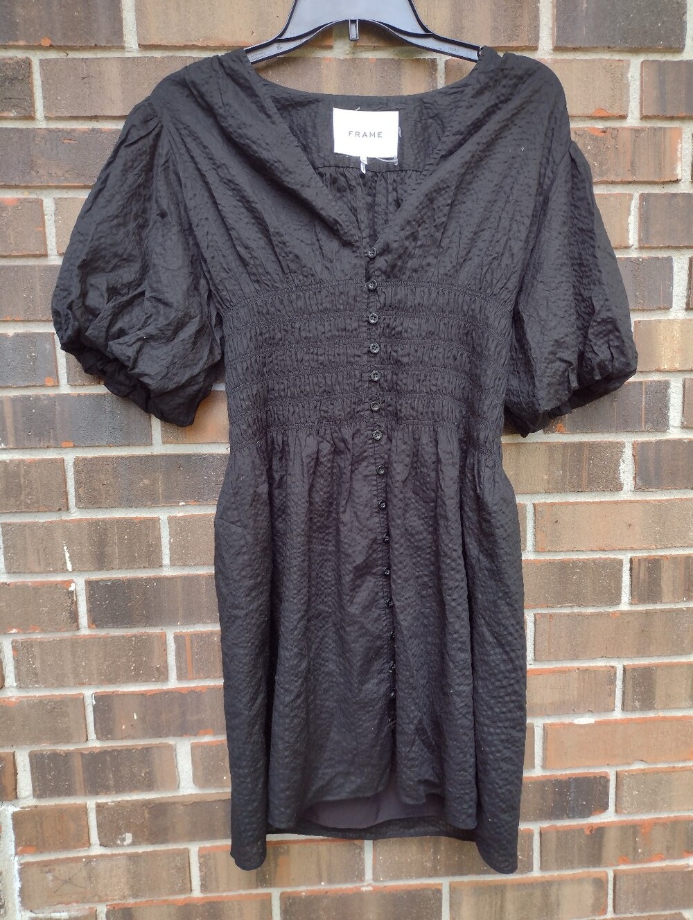 FRAME Mini Dress Cotton Smocked Puff Sleeve Textured Noir Black - Picture 2 of 8